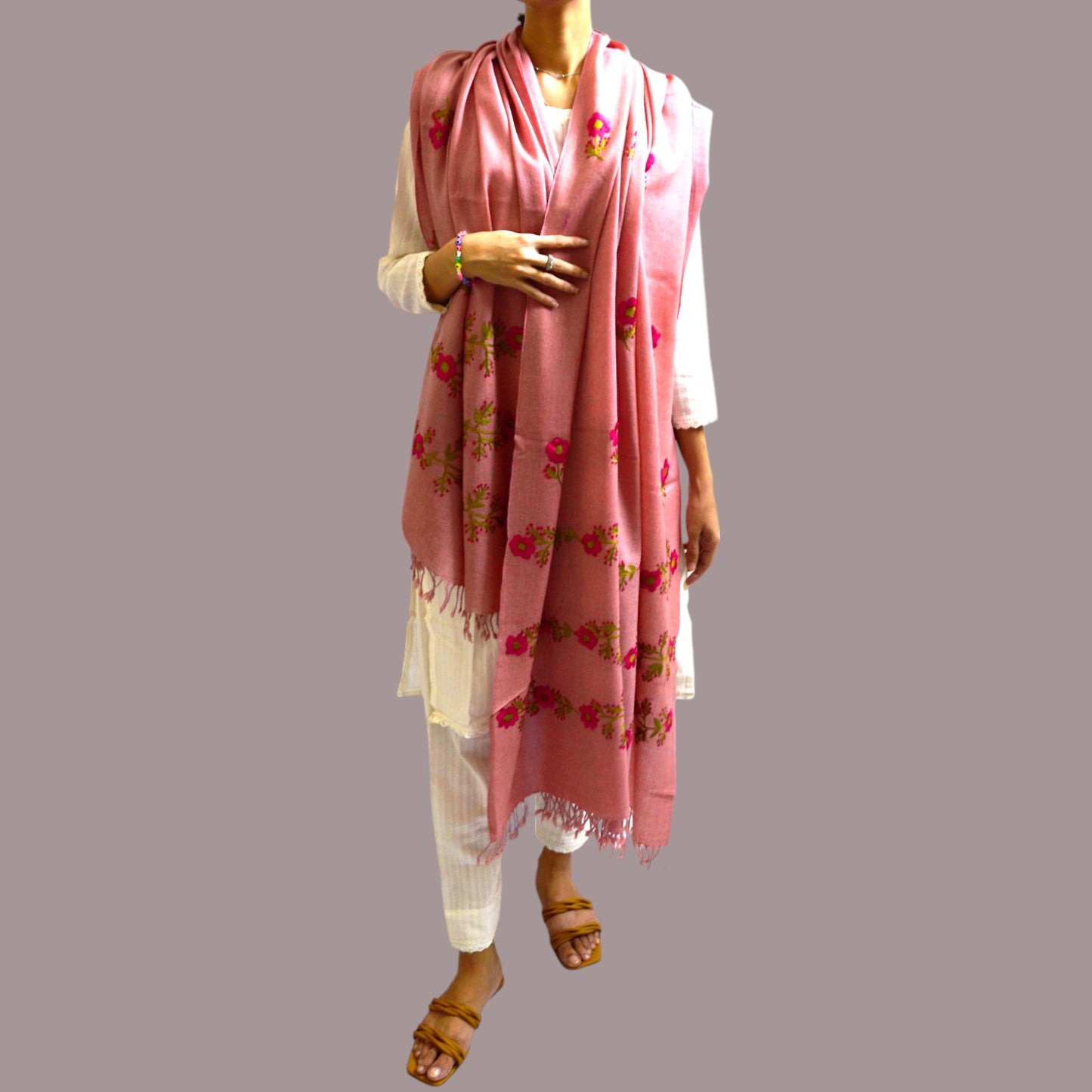 Handmade Women Woollen Shawl Wrap With Handcrafted Design - Blush Pink 2