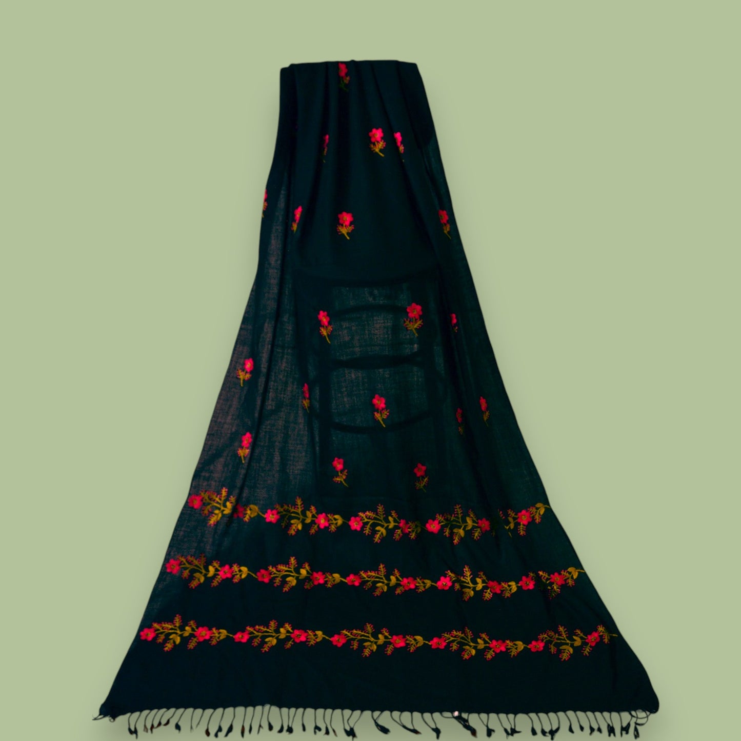 Handmade Women Woollen Shawl Wrap With Handcrafted Design - Black Floral 1