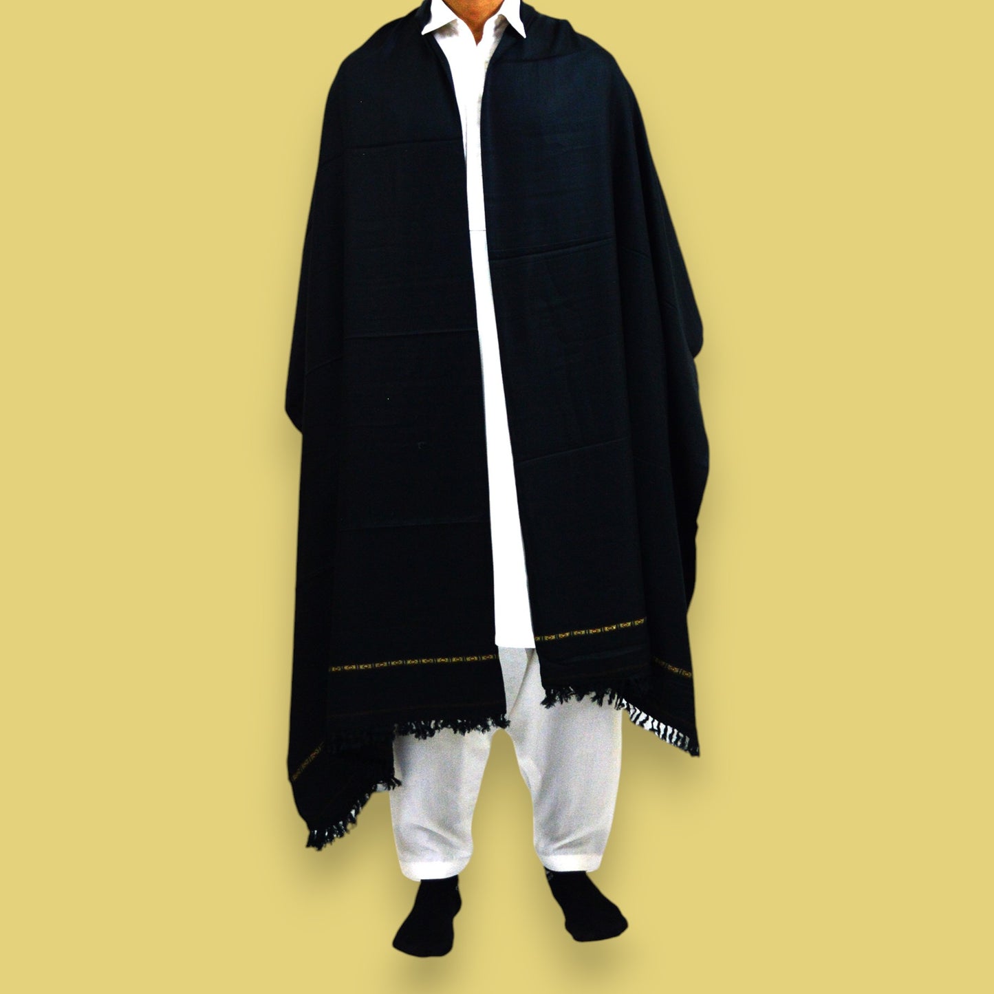 Handmade Unisex Wool Shawl Wrap Handcrafted Border Design - Black 4