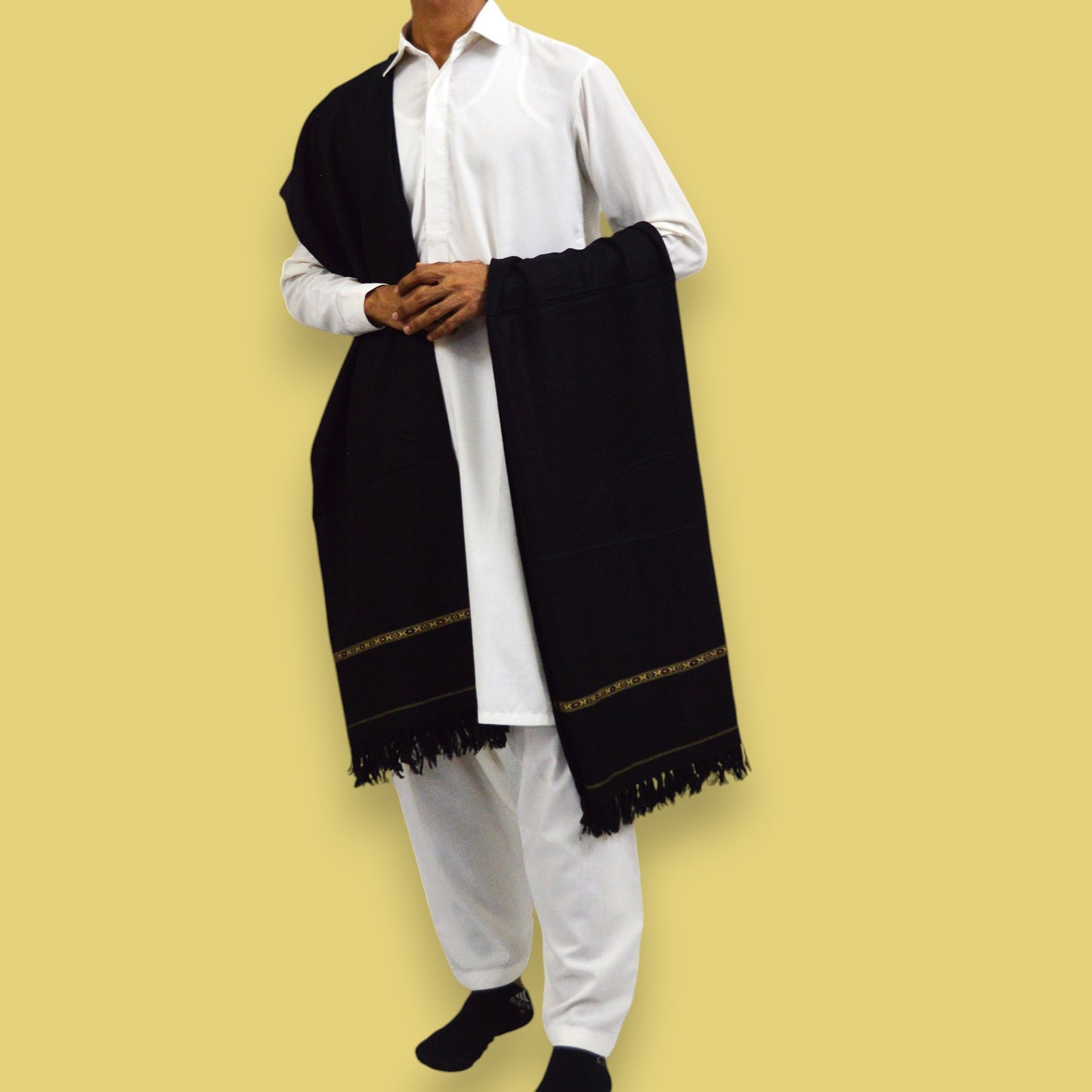 Handmade Unisex Wool Shawl Wrap Handcrafted Border Design - Black 1