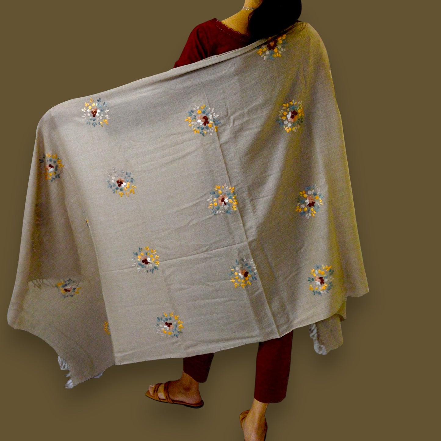 Handmade Women Woollen Shawl Wrap With Handcrafted Design - Greige 2