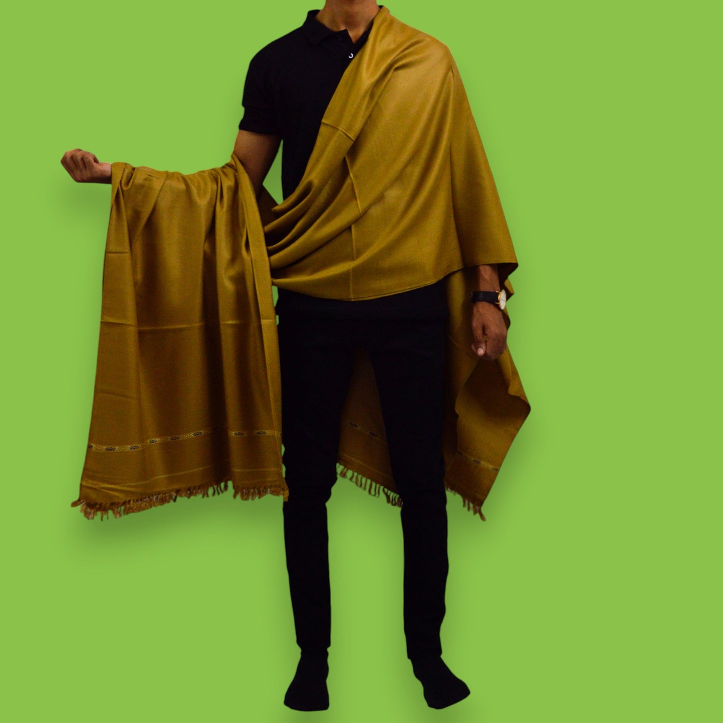 Handmade Unisex Wool Shawl Wrap Handcrafted Border Design - Gold 1