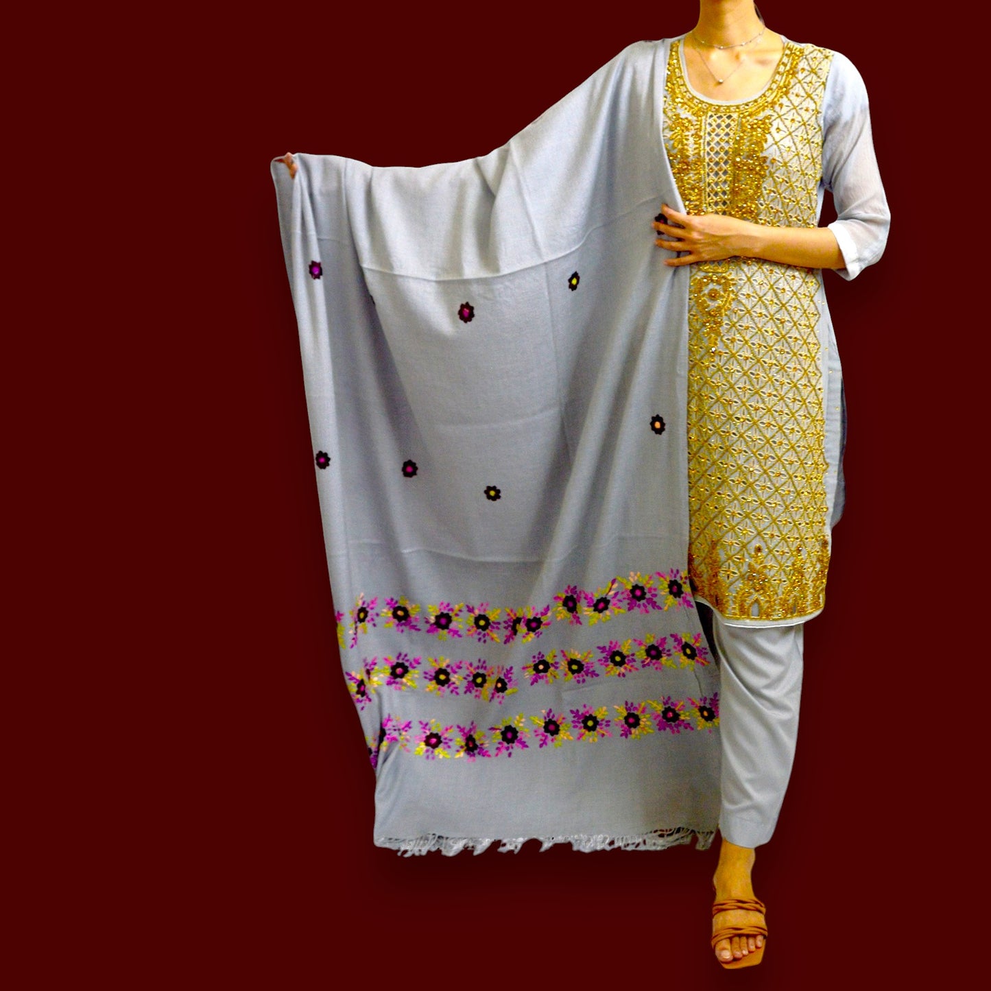 Handmade Women Woollen Shawl Wrap With Handcrafted Design - Light Grey 1