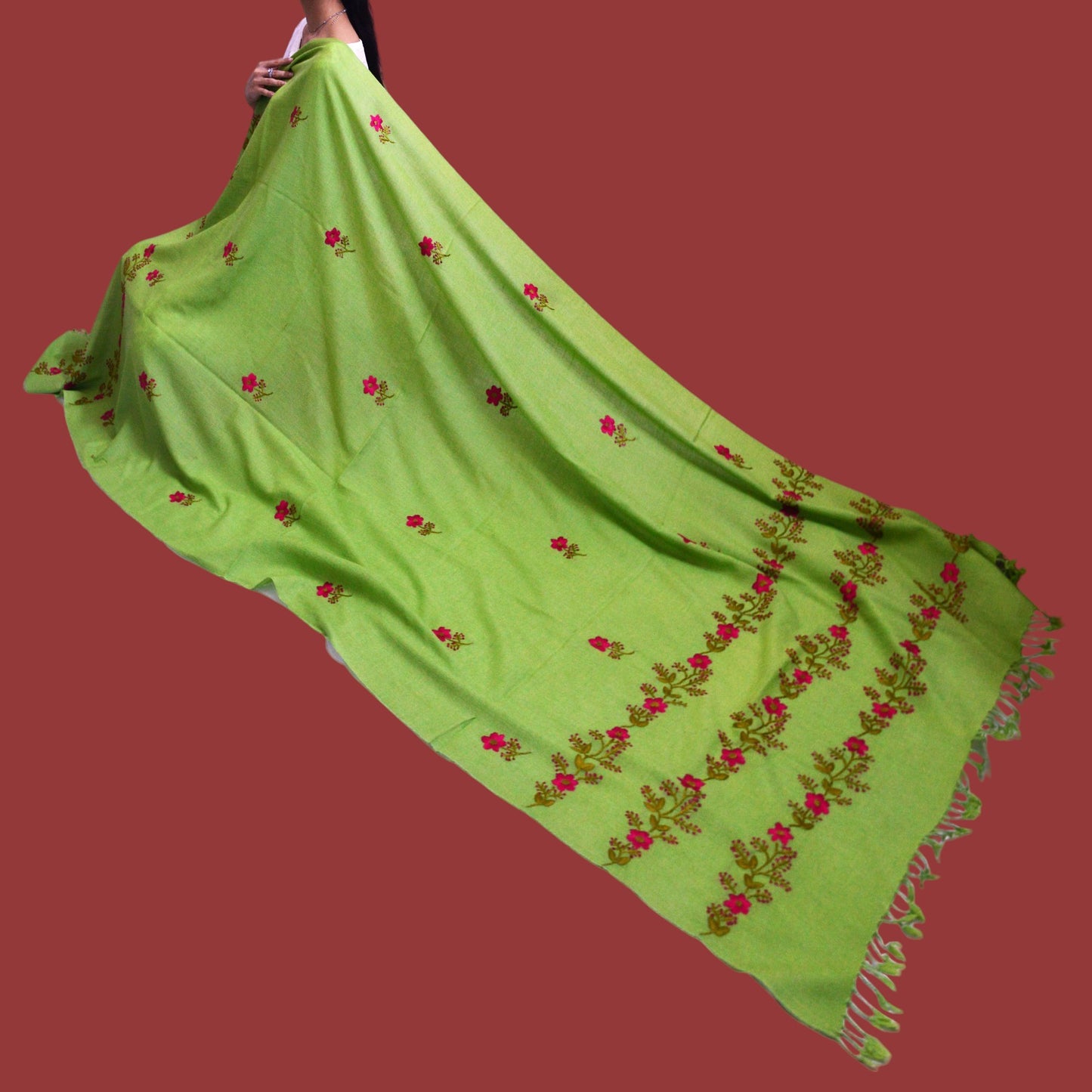Handmade Women Woollen Shawl Wrap With Handcrafted Design - Green