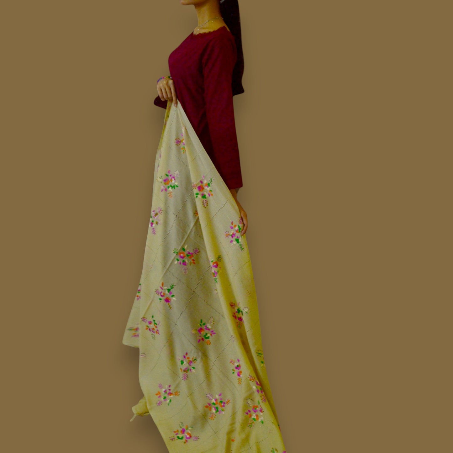 Handmade Women Woollen Shawl Wrap With Handcrafted Design - Tan 2