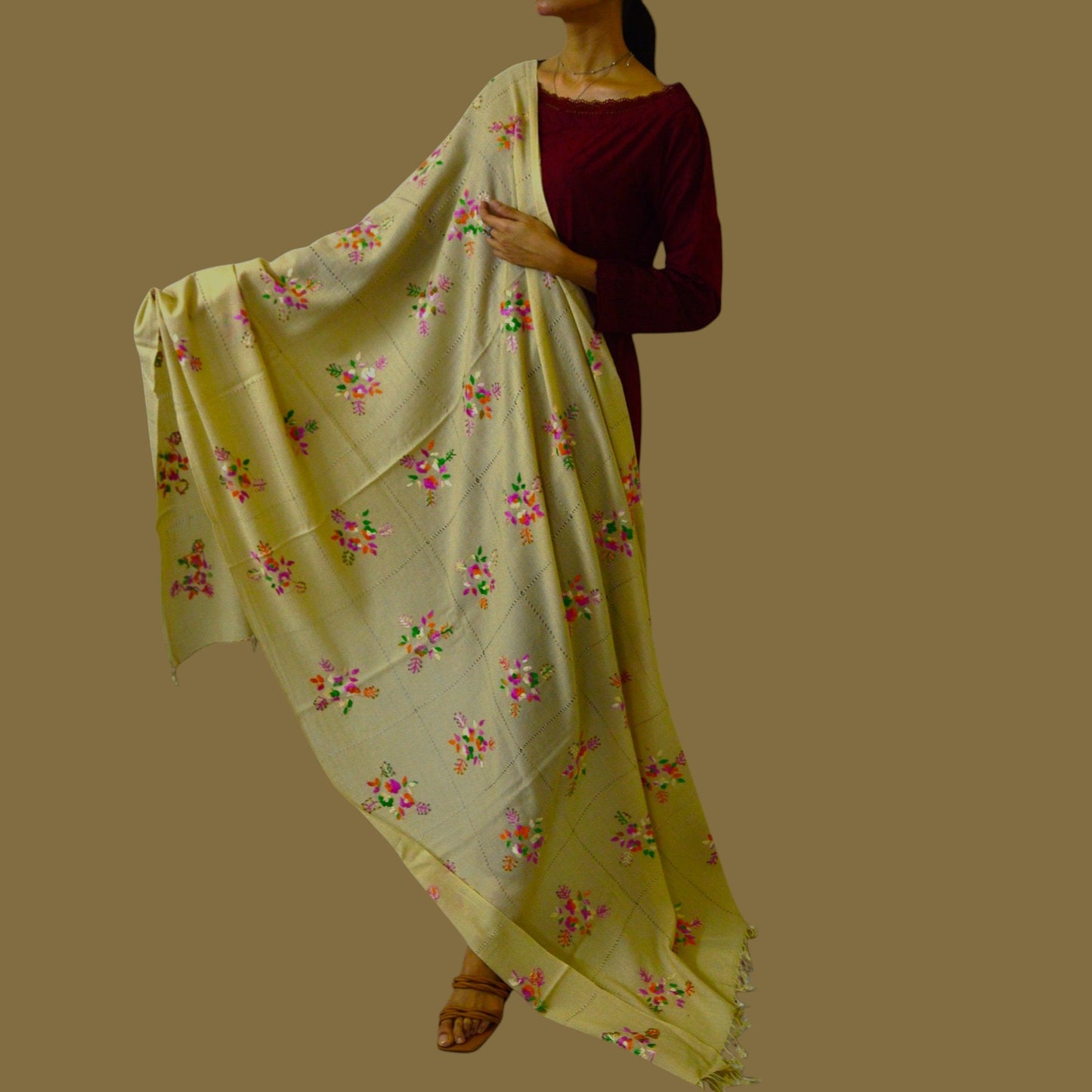 Handmade Women Woollen Shawl Wrap With Handcrafted Design - Tan