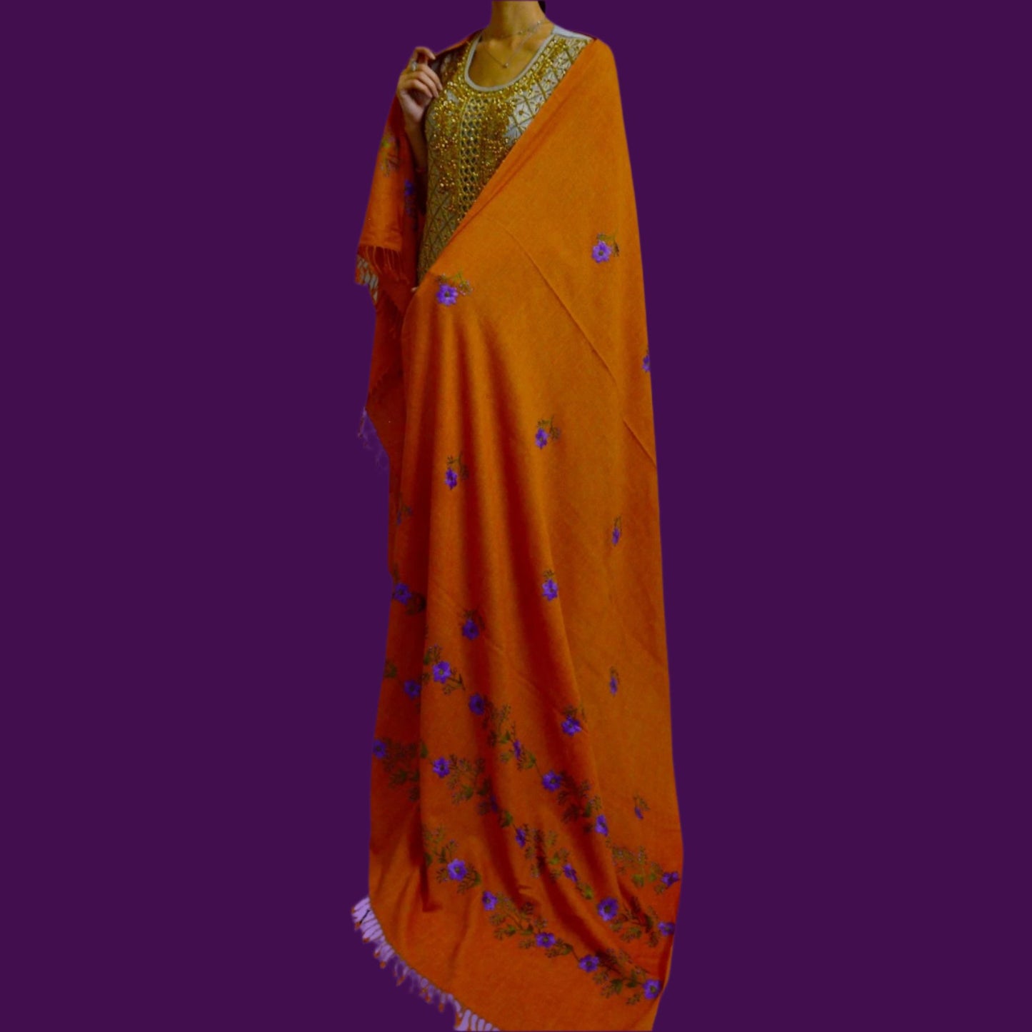 Handmade Women Woollen Shawl Wrap With Handcrafted Design - Rust Orange