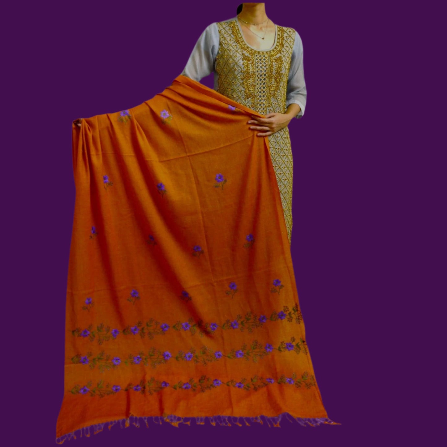 Handmade Women Woollen Shawl Wrap With Handcrafted Design - Rust Orange 4