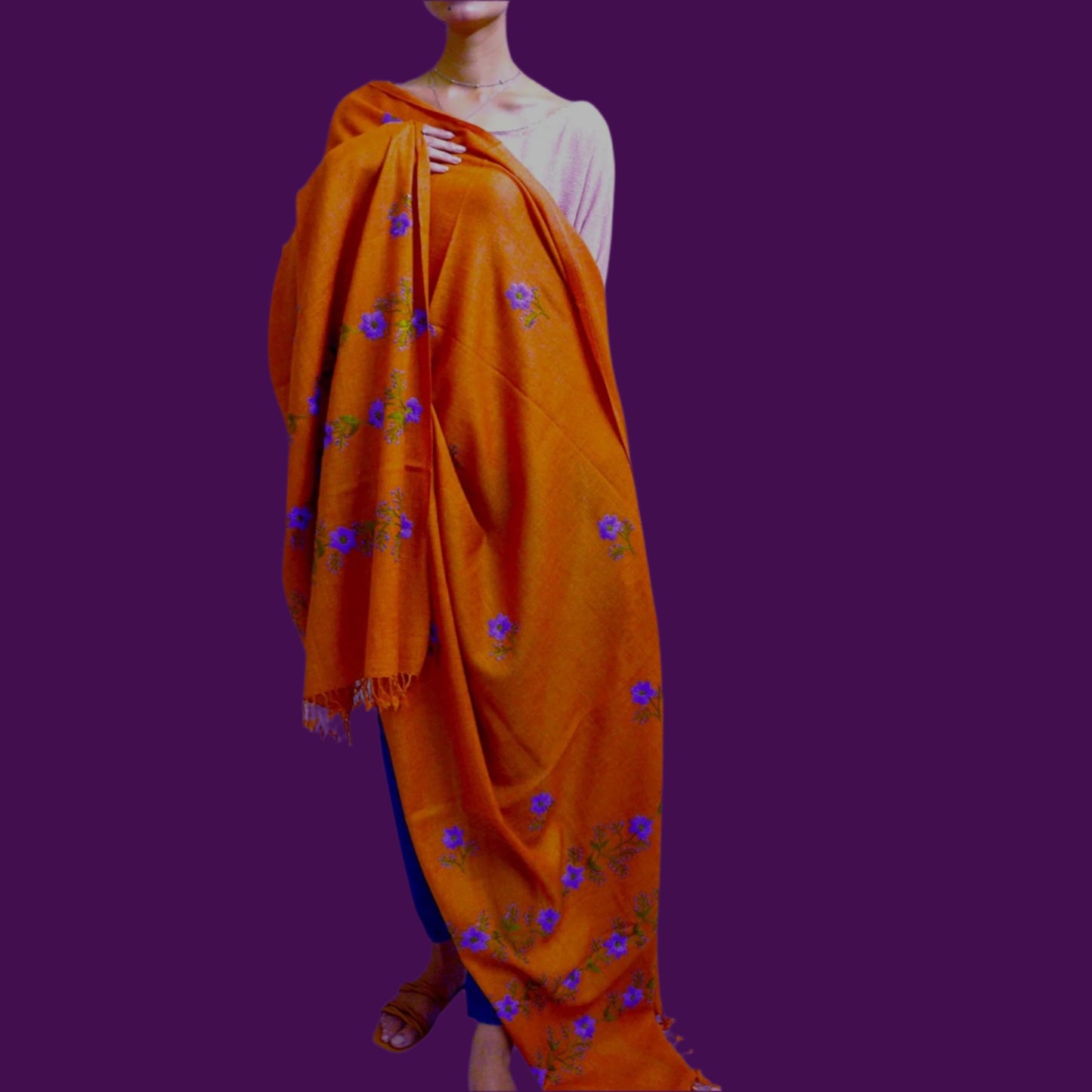 Handmade Women Woollen Shawl Wrap With Handcrafted Design - Rust Orange 3