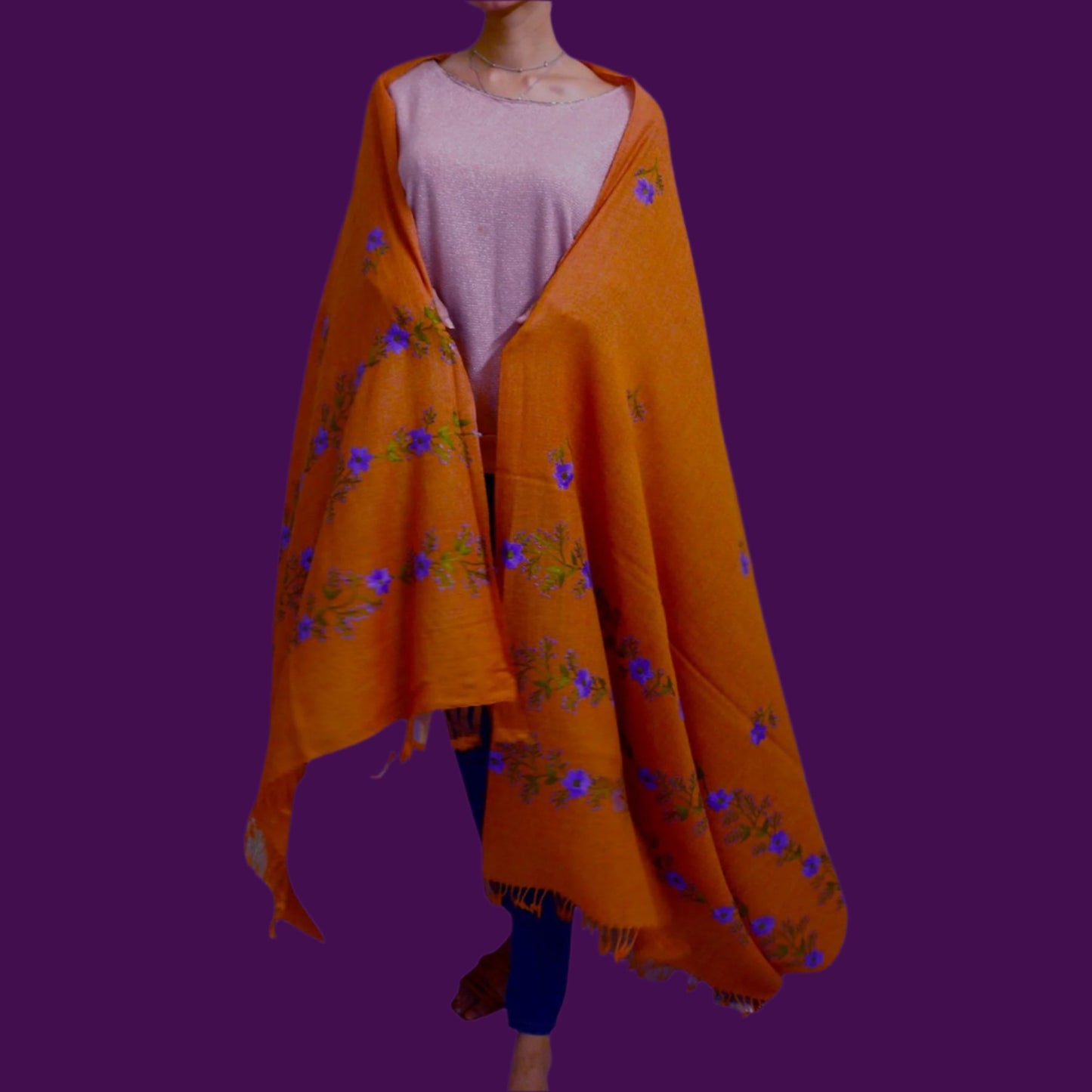 Handmade Women Woollen Shawl Wrap With Handcrafted Design - Rust Orange 2