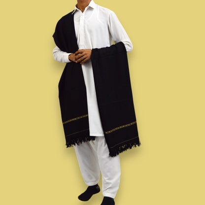 Handmade Unisex Wool Shawl Wrap Handcrafted Border Design - Black 1