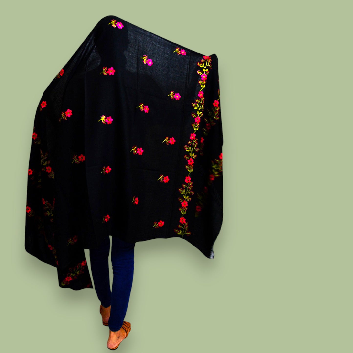 Handmade Women Woollen Shawl Wrap With Handcrafted Design - Black Floral