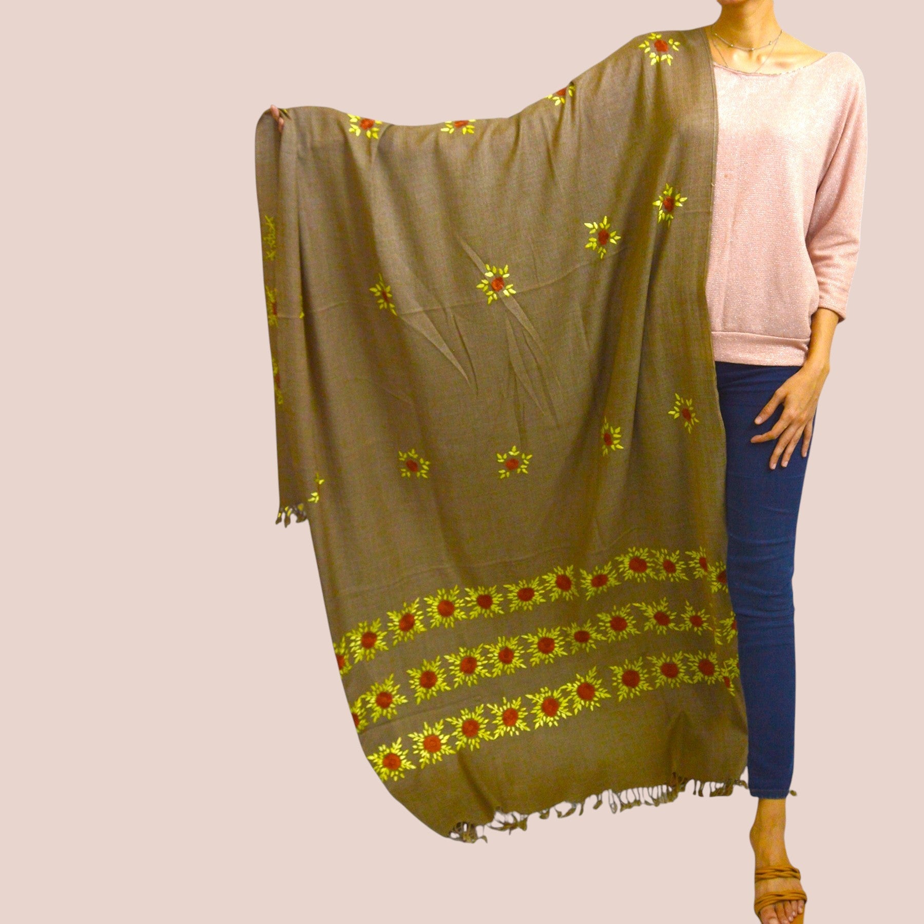 Handmade Women Woollen Shawl Wrap With Handcrafted Design - Earth Brown 3