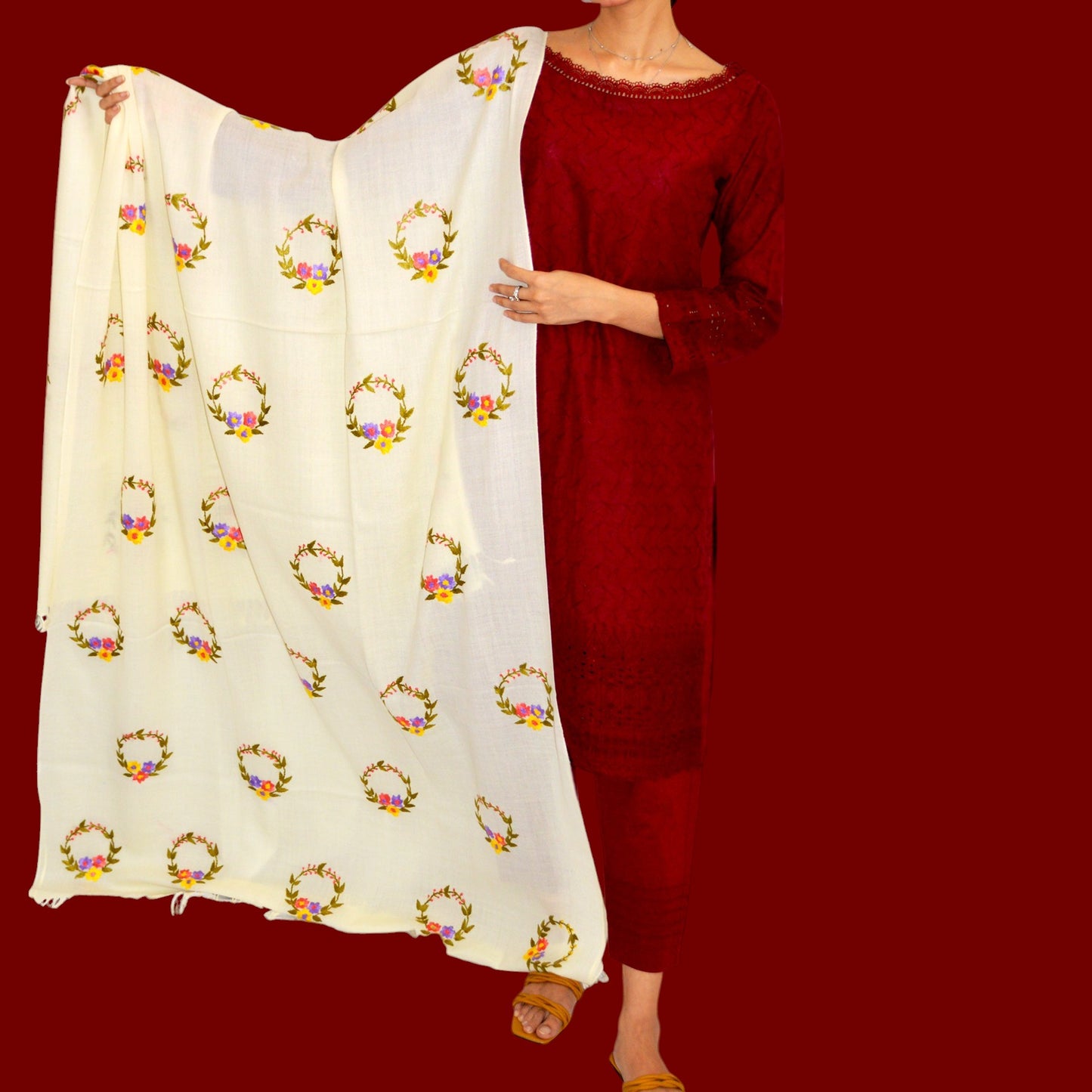 Handmade Women Woollen Shawl Wrap With Handcrafted Design - Cream 2