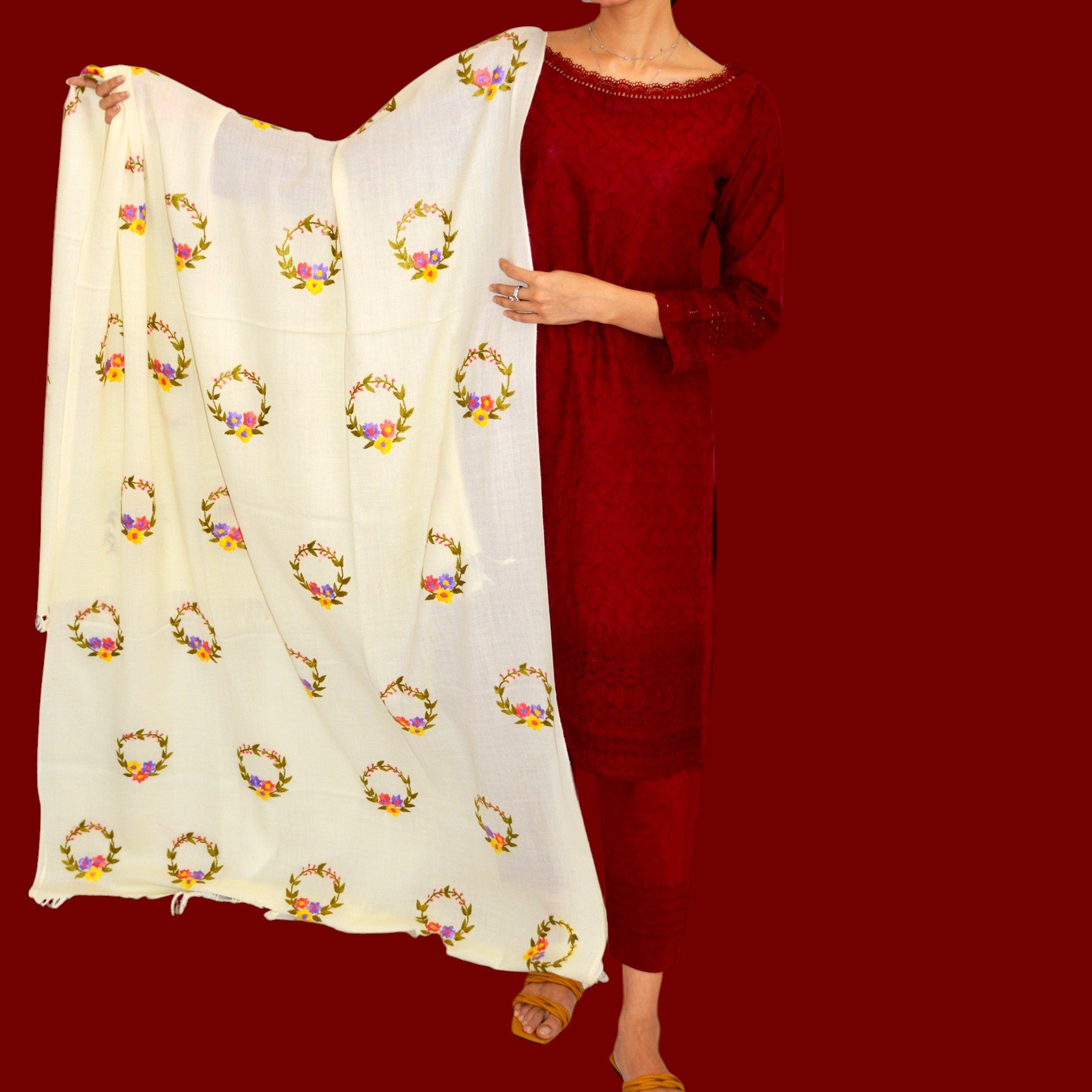 Handmade Women Woollen Shawl Wrap With Handcrafted Design - Cream 2
