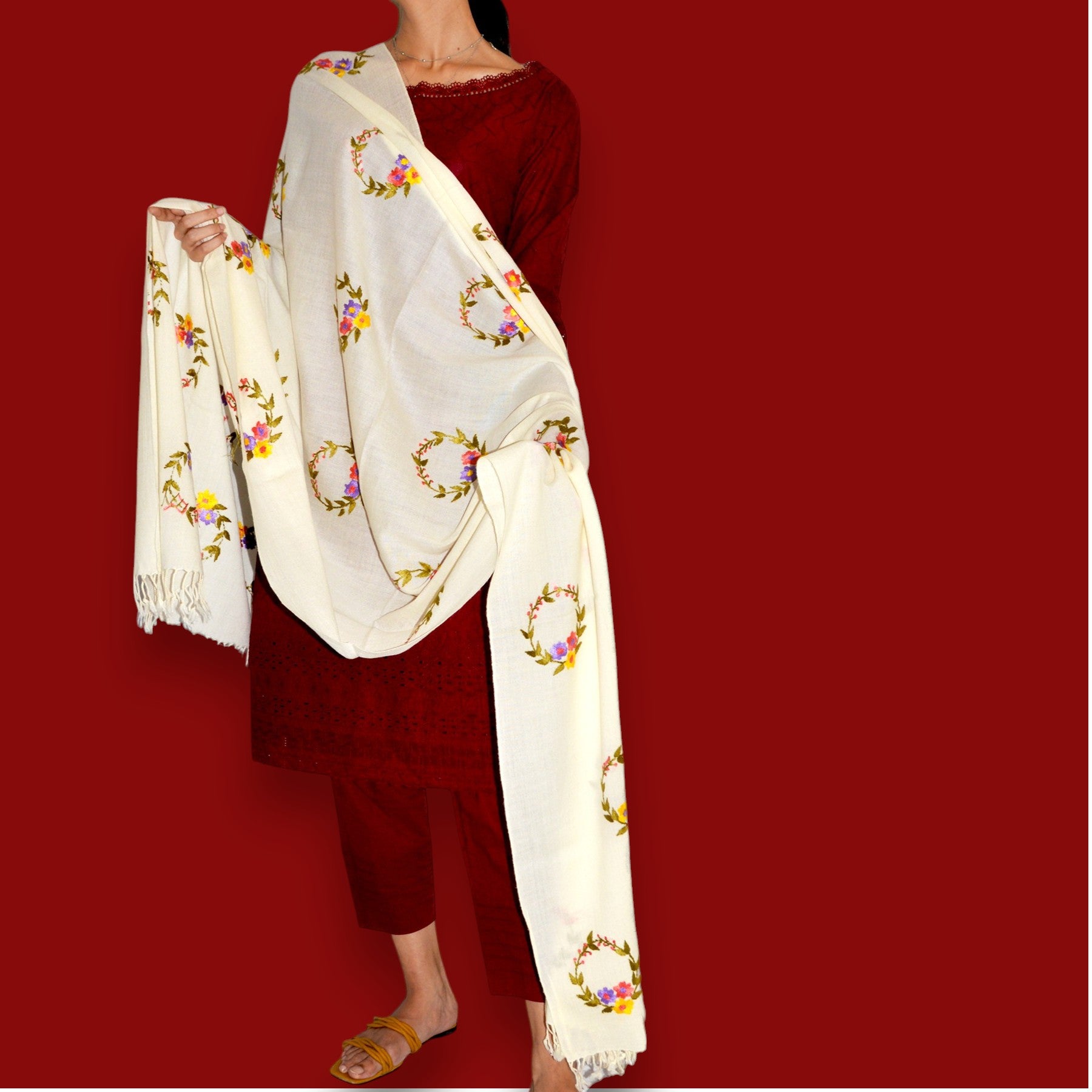 Handmade Women Woollen Shawl Wrap With Handcrafted Design - Cream 3