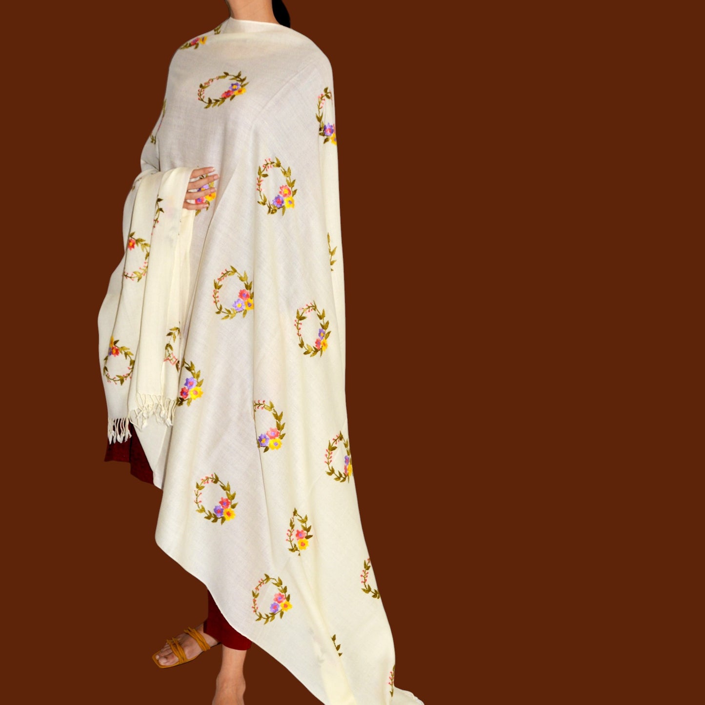 Handmade Women Woollen Shawl Wrap With Handcrafted Design - Cream
