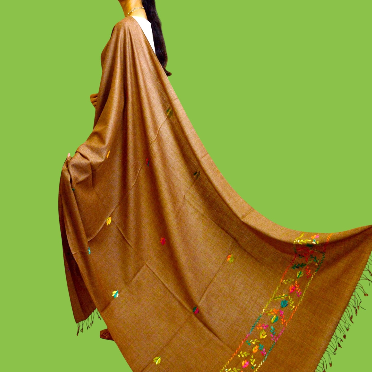 Handmade Women Woollen Shawl Wrap With Handcrafted Design - Medium Brown