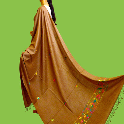 Handmade Women Woollen Shawl Wrap With Handcrafted Design - Medium Brown