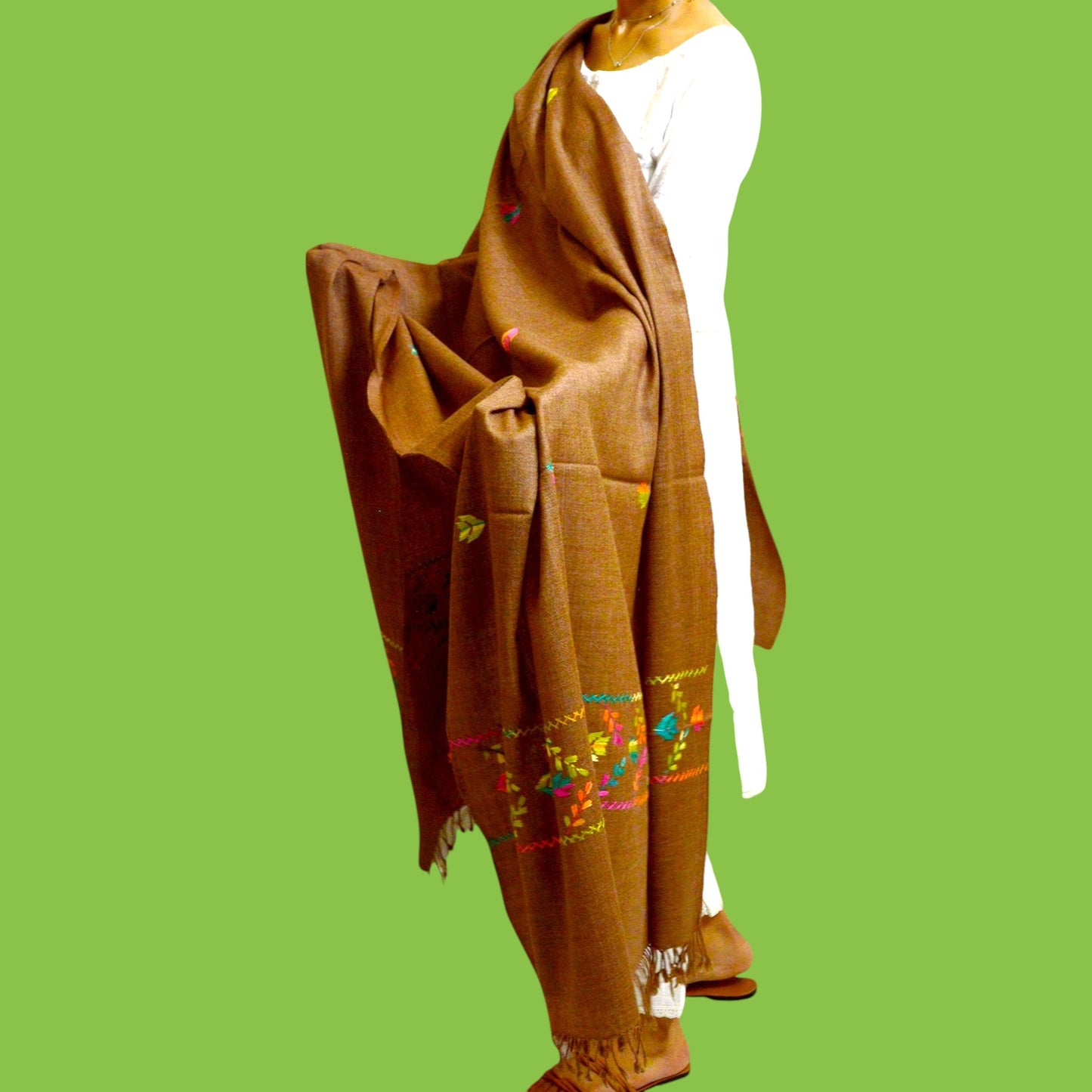 Handmade Women Woollen Shawl Wrap With Handcrafted Design - Medium Brown 2