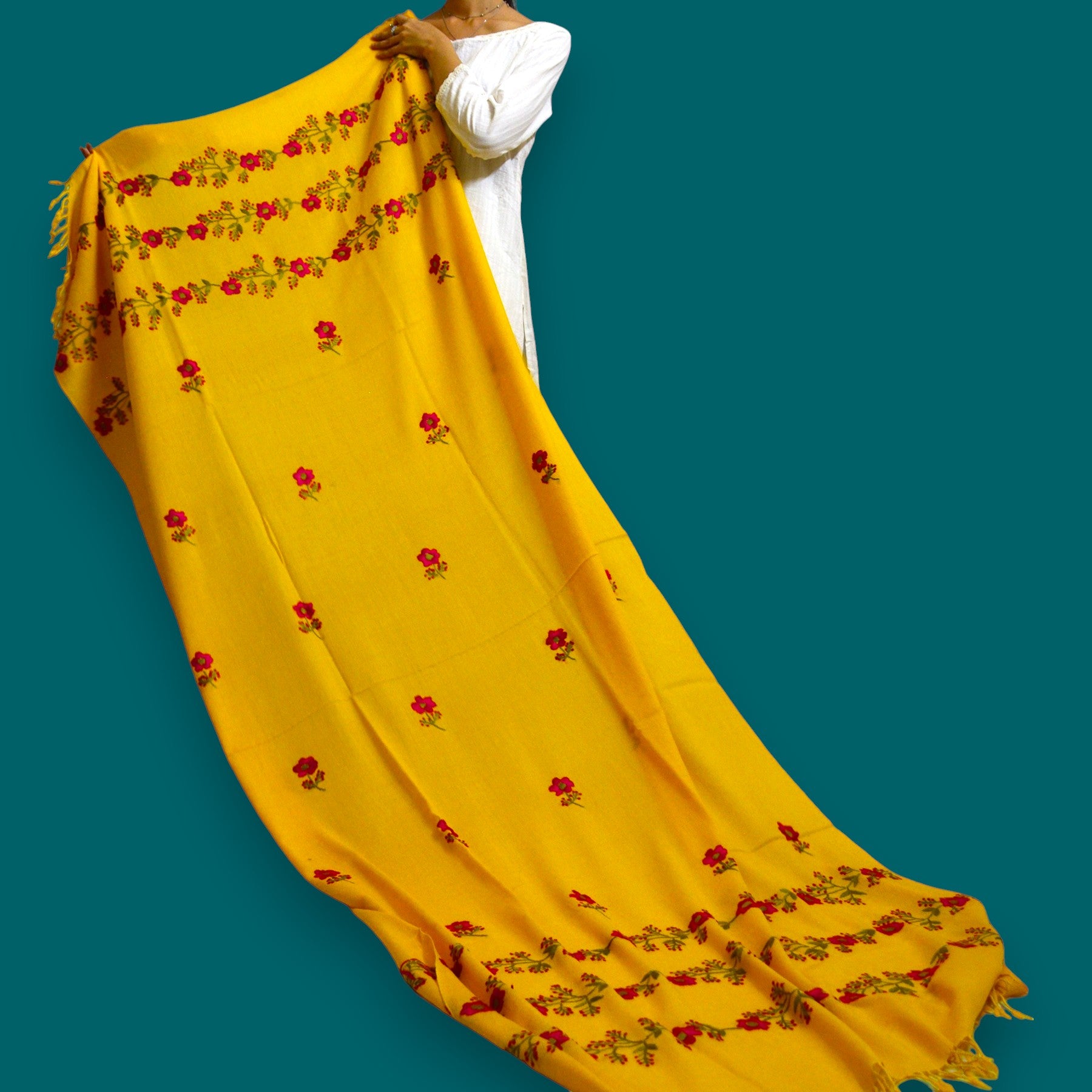 Handmade Women Woollen Shawl Wrap With Handcrafted Design - Yellow 2