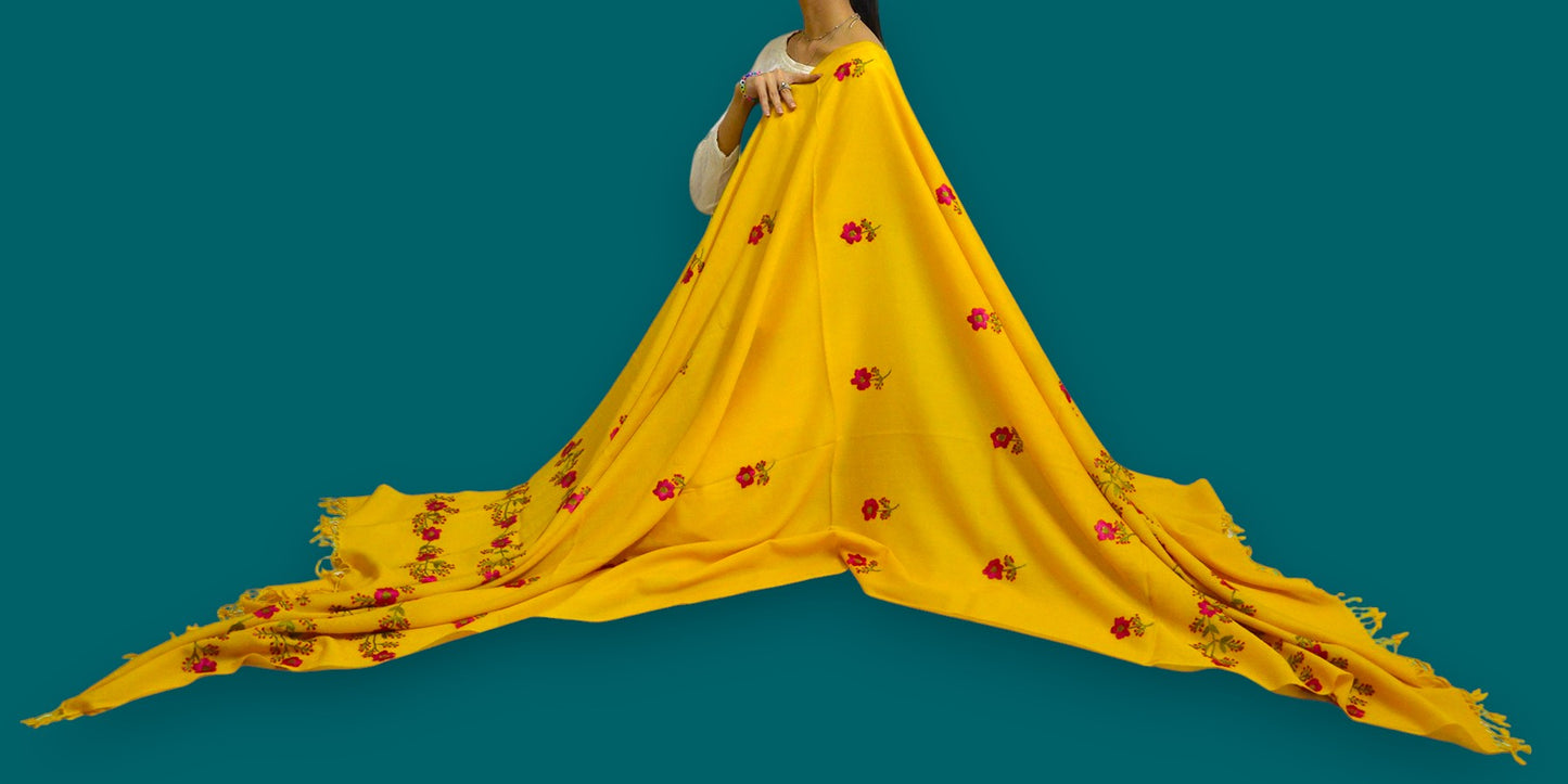 Handmade Women Woollen Shawl Wrap With Handcrafted Design - Yellow