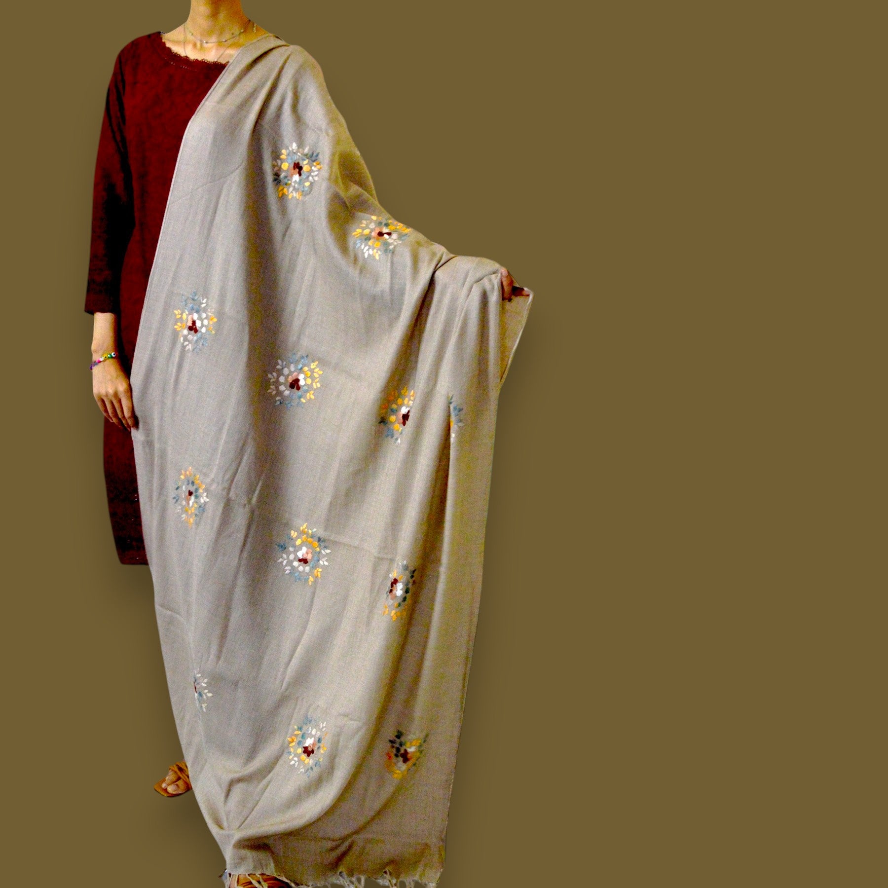 Handmade Women Woollen Shawl Wrap With Handcrafted Design - Greige
