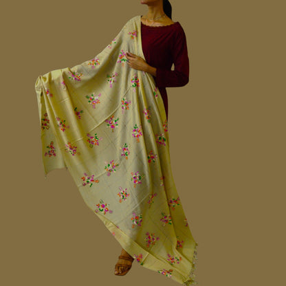 Handmade Women Woollen Shawl Wrap With Handcrafted Design - Tan