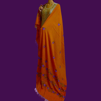 Handmade Women Woollen Shawl Wrap With Handcrafted Design - Rust Orange