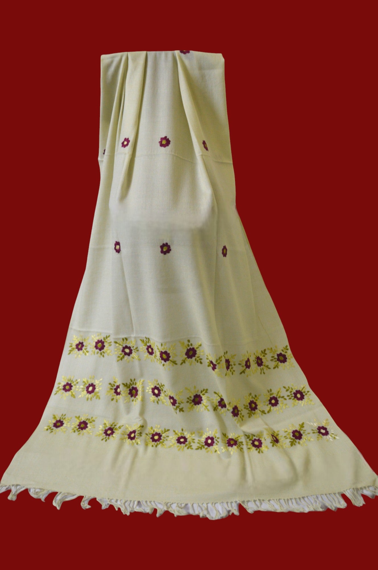 Handmade Women Woollen Shawl Wrap With Handcrafted Design - Pearl White